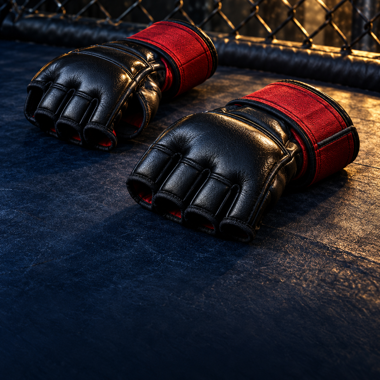 Black MMA fighting gloves with red wrist wraps on a gym mat